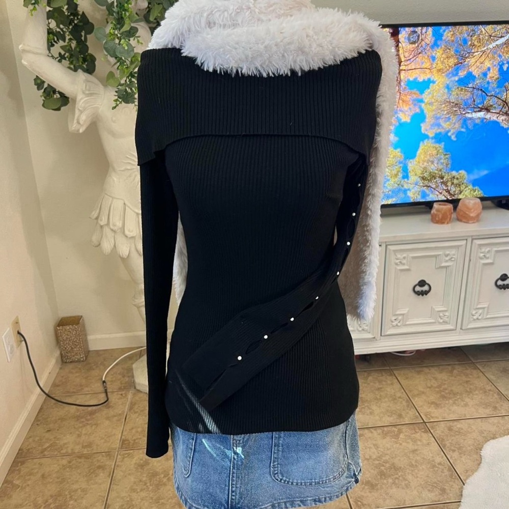 White House Black Market Black Off-Shoulder Sweater with pearl slits